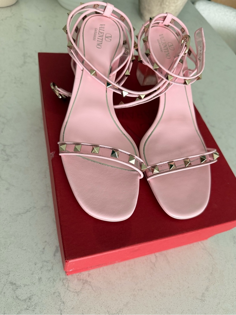 Valentino Garavani Pale Pink Leather Rockstud Ankle-Strap Sandals